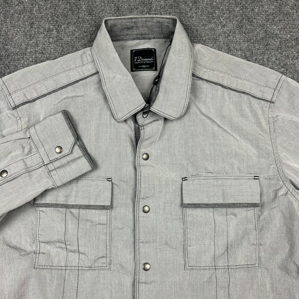 7 Diamonds Button Up Shirt Mens S Grey Stripe Snap Button Pocket Cotton Preppy